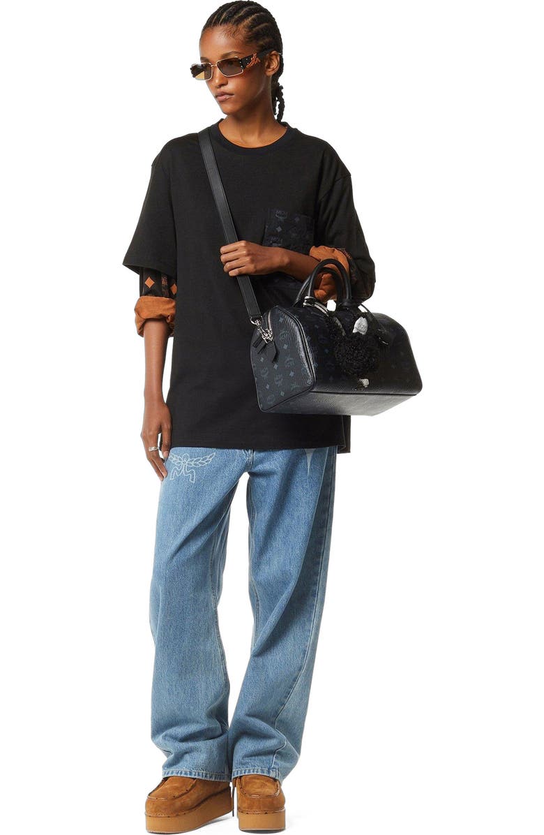 MCM Medium Ella Boston Bag in Visetos, Alternate, color, Black