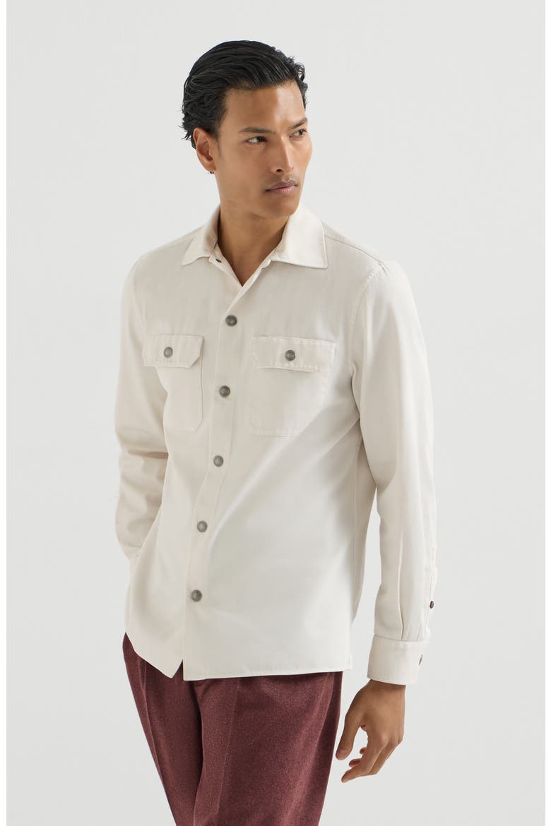 Garment-dyed overshirt in cotton gabardine with spread collar and chest pockets, Main, color, White