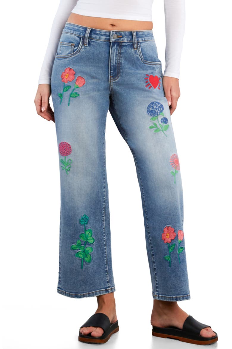 Blossom Embroidered Ankle Wide Leg Jeans, Main, color, RELAXED BLUE