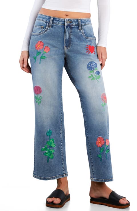 Blossom Embroidered Ankle Wide Leg Jeans