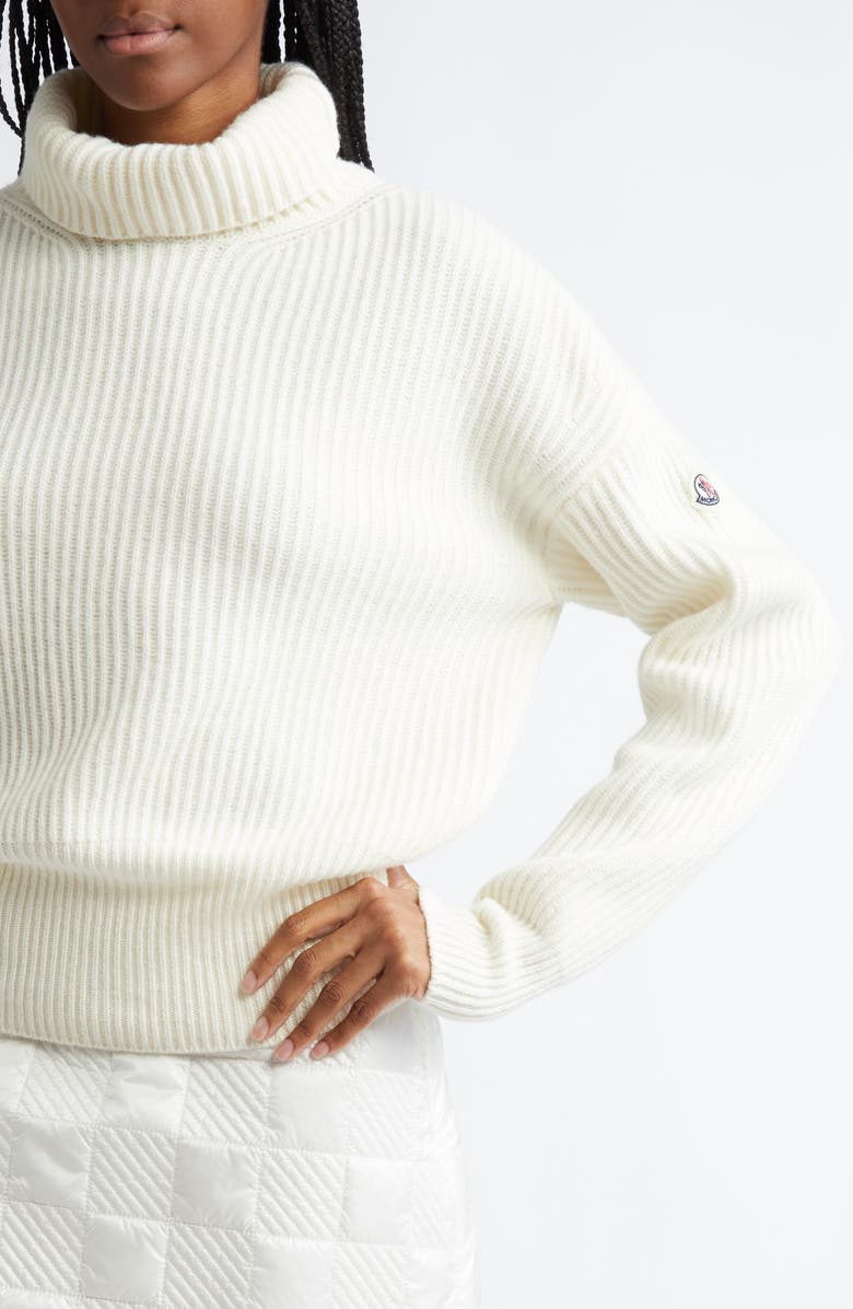 Moncler Rib Virgin Wool Turtleneck Sweater, Alternate, color, White