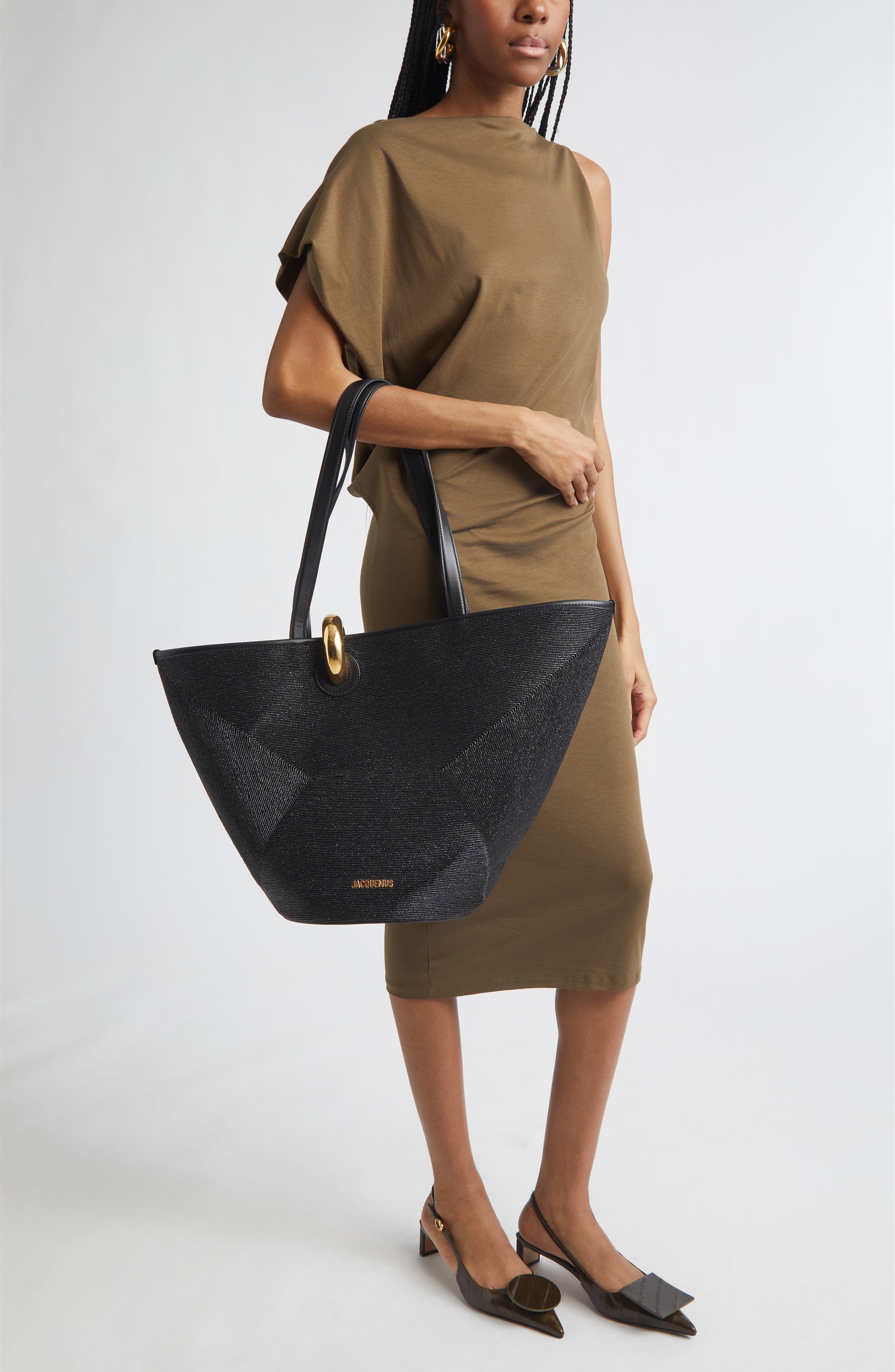 Jacquemus Le Bambolo Nylon Asymmetric Bucket Bag, Alternate, color, Black 990