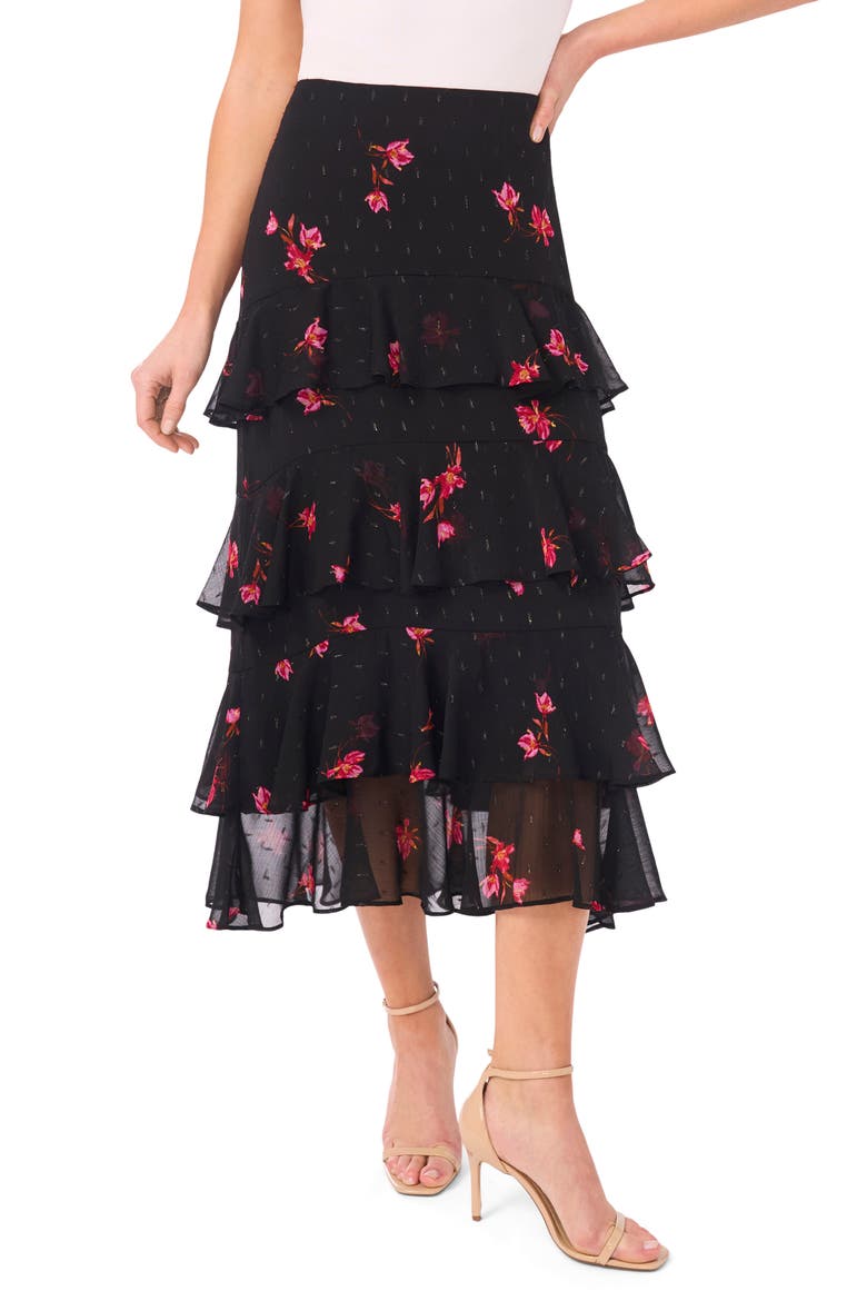 Tiered Ruffle Flounce Midi Skirt, Main, color, RICH BLACK
