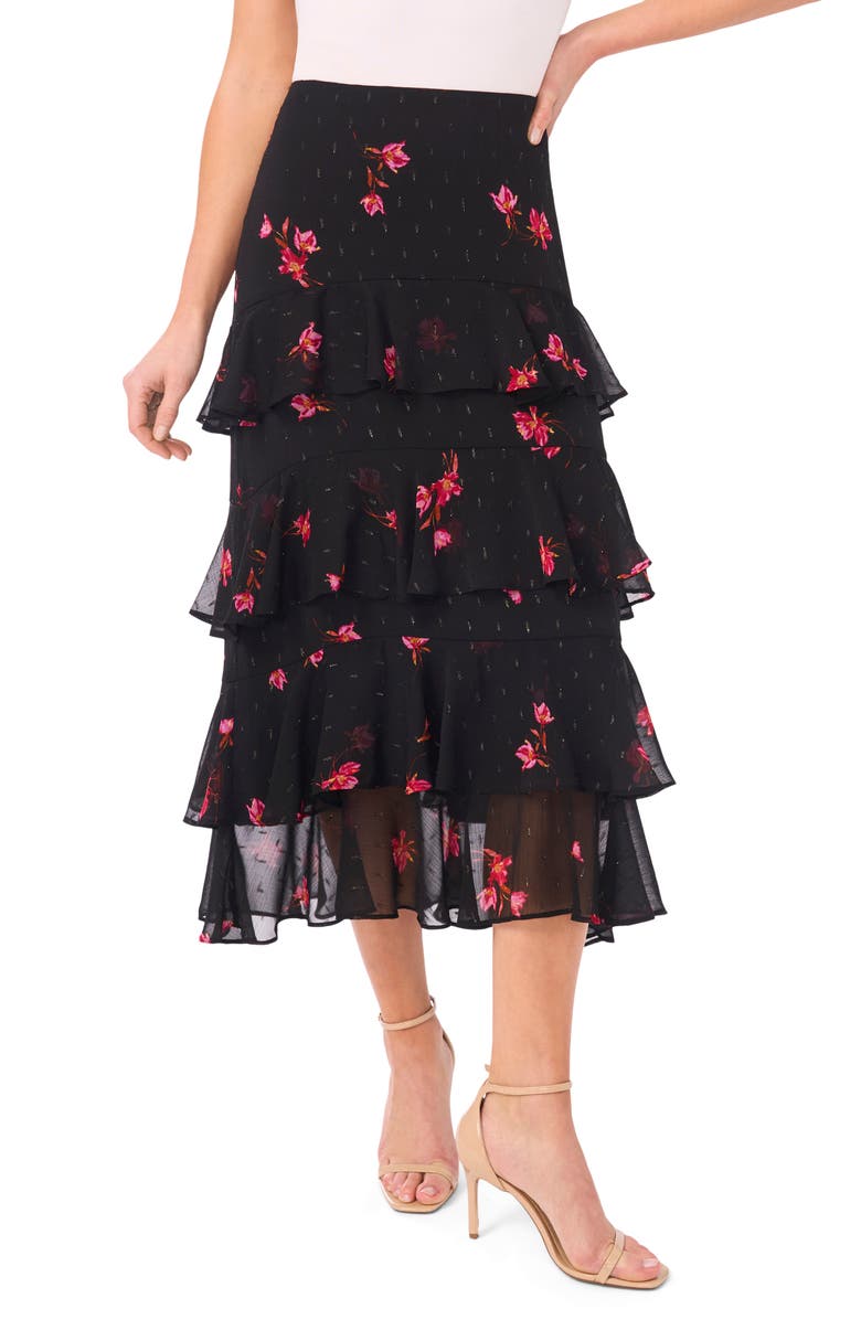 CeCe Tiered Ruffle Flounce Midi Skirt, Main, color, Rich Black