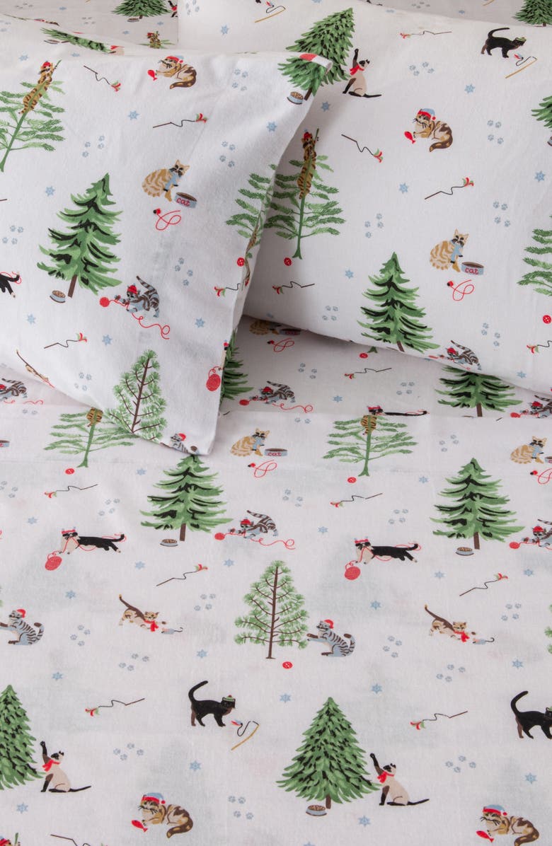 Woven & Weft Turkish Cotton Flannel Holiday Sheet Set, Alternate, color, Winter Cats