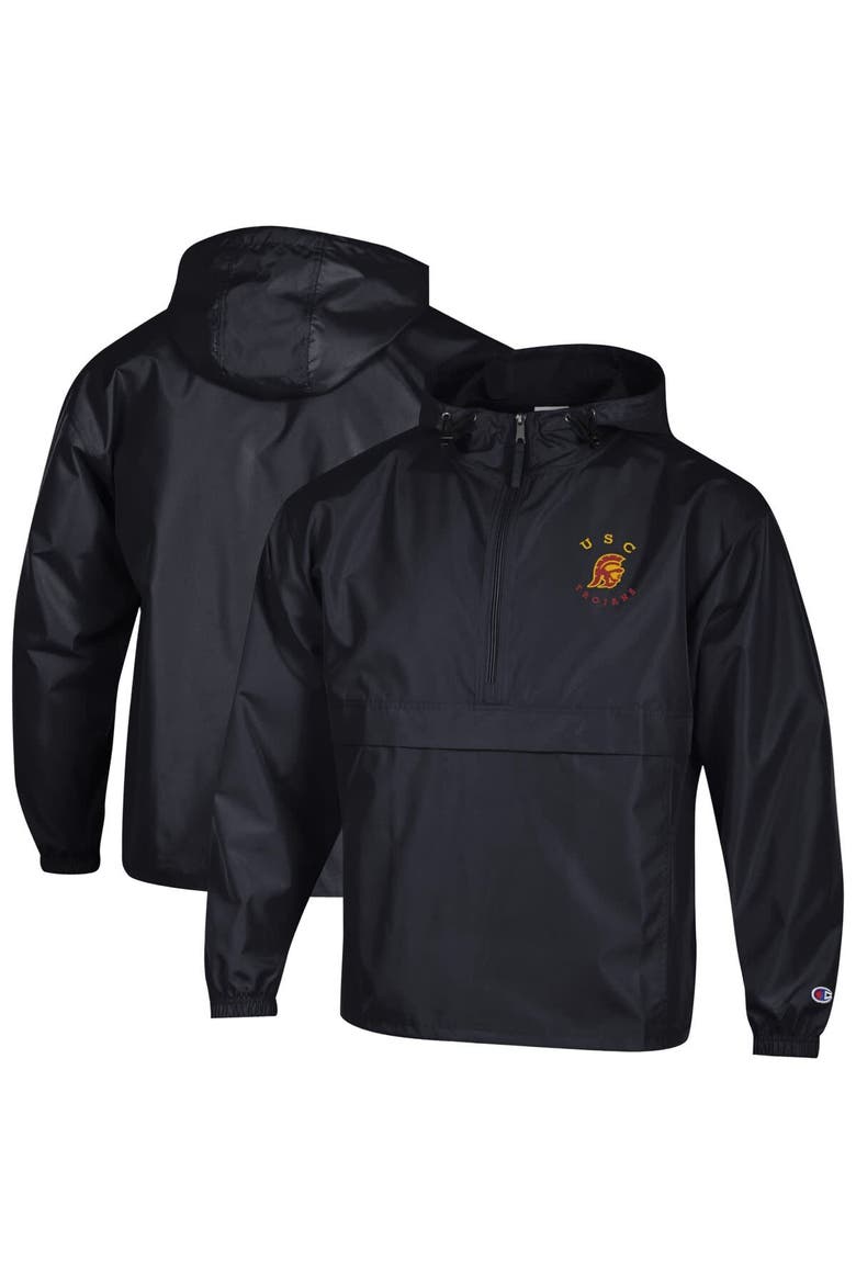 Men's Champion  Black USC Trojans Packable Hooded Windbreaker Half-Zip Jacket, Main, color, Black