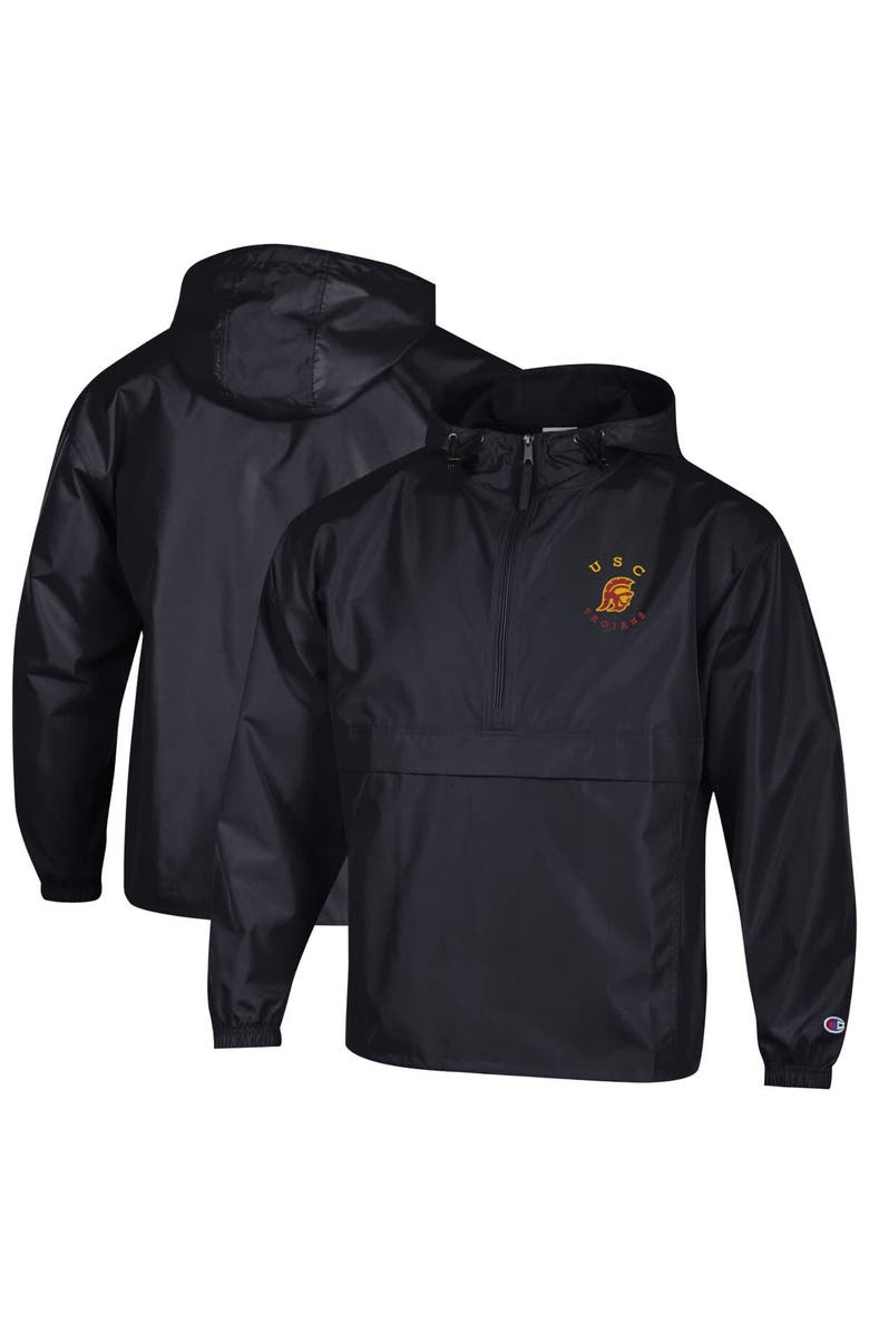 Champion Men's Champion Black USC Trojans Packable Hooded Windbreaker Half-Zip Jacket, Main, color, Black