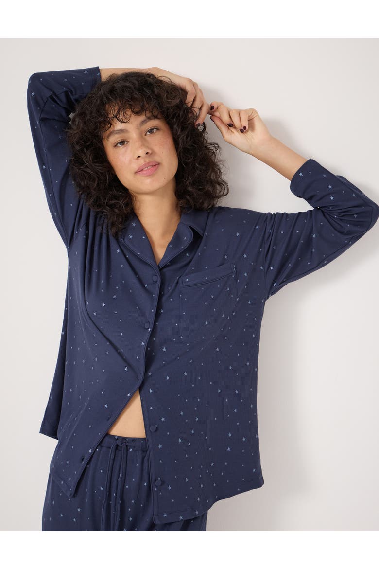 Ribbed Modal Star Printed Pyjamas, Alternate, color, Dark Navy