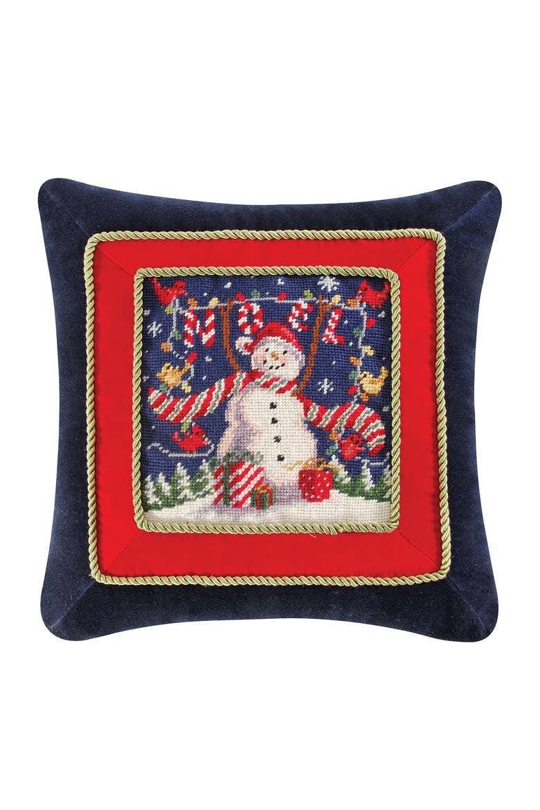 Noel Snowman Needlepoint Pillow, 18" x 18", Main, color, Blue