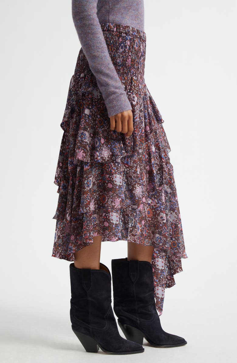 Isabel Marant Étoile Brigitte Smocked Waist Tiered Chiffon Midi Skirt, Alternate, color, Plum