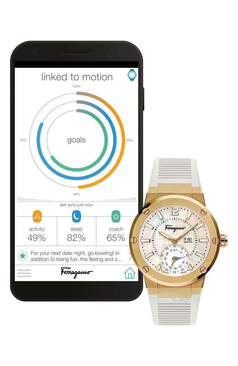FERRAGAMO Salvatore Ferragamo F-80 Motion Rubber Strap Smart Watch, 44mm, Alternate, color, 