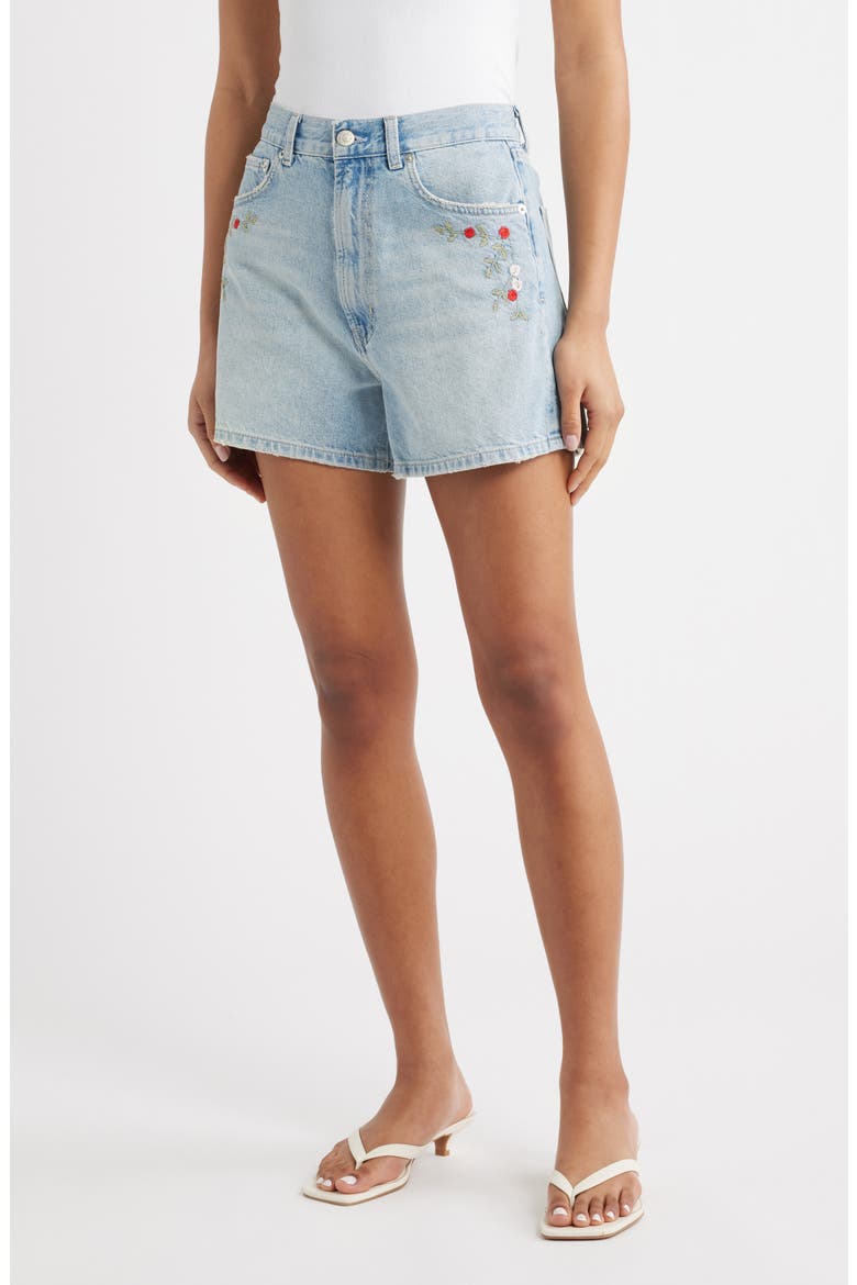 Rancho Floral Embroidered Denim Shorts, Main, color, DAINTY ROSE