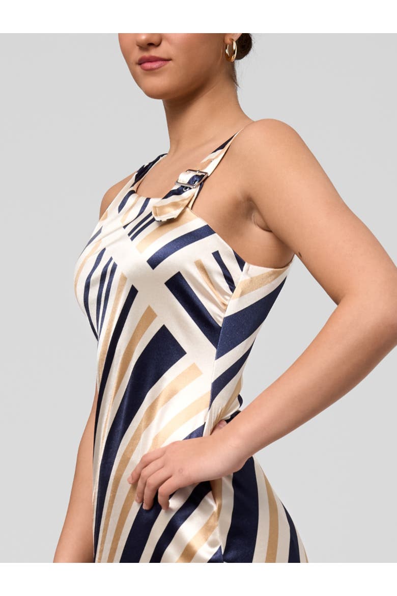 Nerida Asymmetrical Neck Midi Dress, Alternate, color, Navy Ivory Stripe