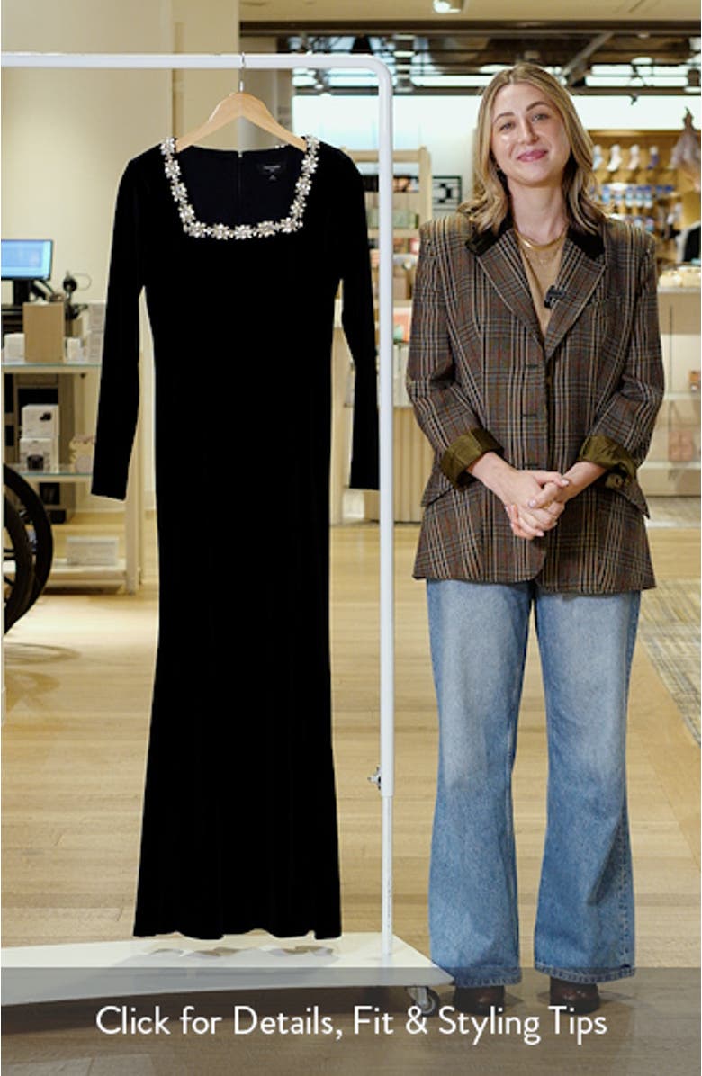 Rhinestone Neck Long Sleeve Velvet Gown, sales video thumbnail