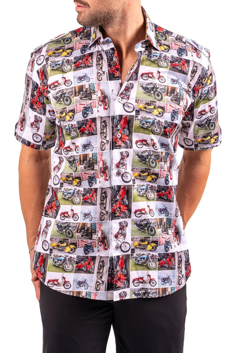 Galileo Resistance0340 White Motorcycle Print Short Sleeve Cotton Button-Up Shirt, Alternate, color, WHITE
