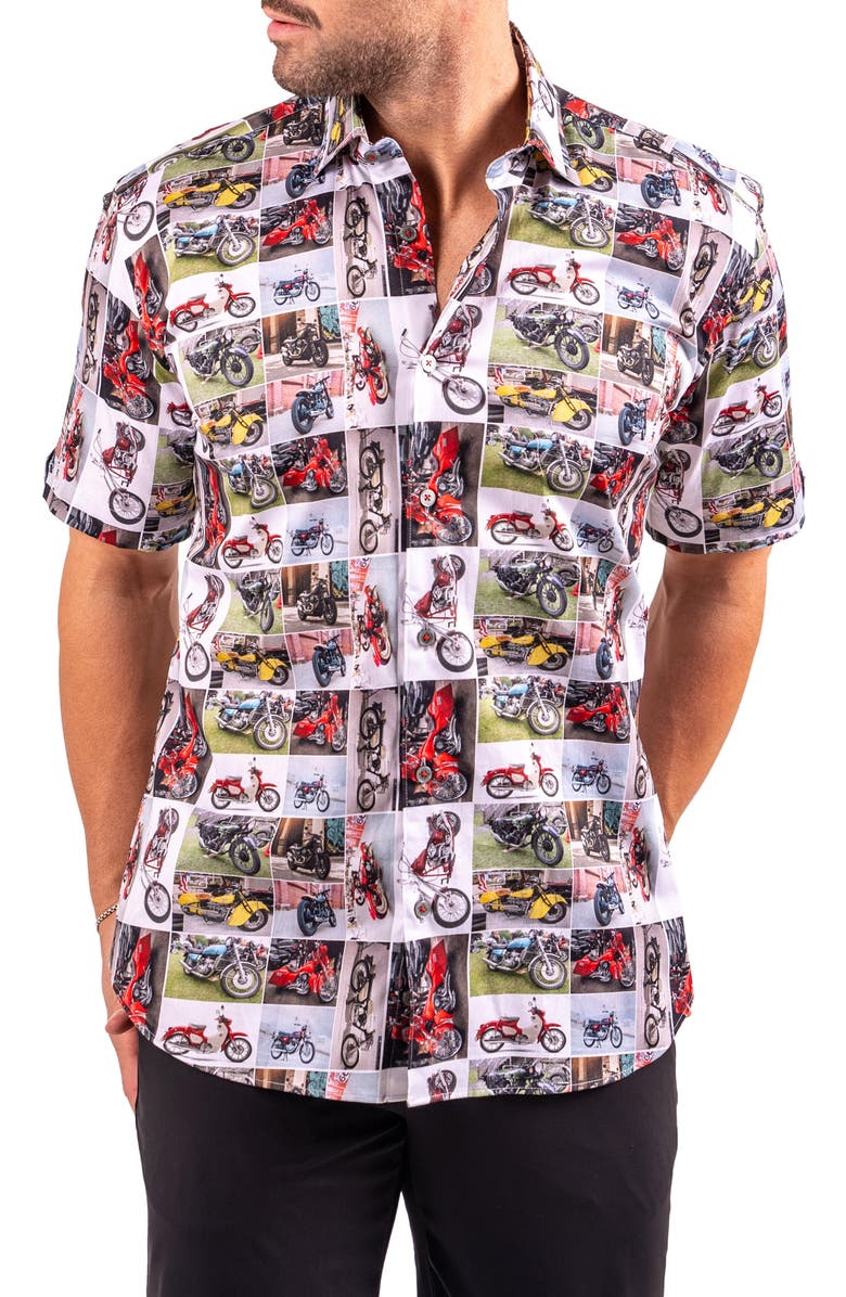 Maceoo Galileo Resistance0340 White Motorcycle Print Short Sleeve Cotton Button-Up Shirt, Alternate, color, White