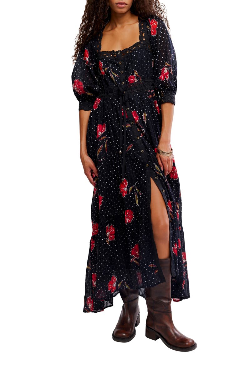Free People Morning Meadows Floral Lace Trim Maxi Dress, Main, color, Red Pop Combo