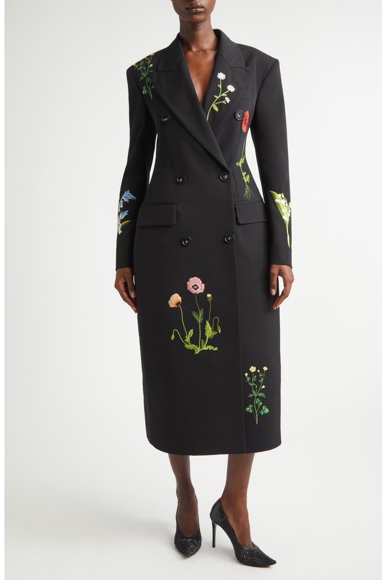 Flower Embroidered Wool Coat, Main, color, BLACK