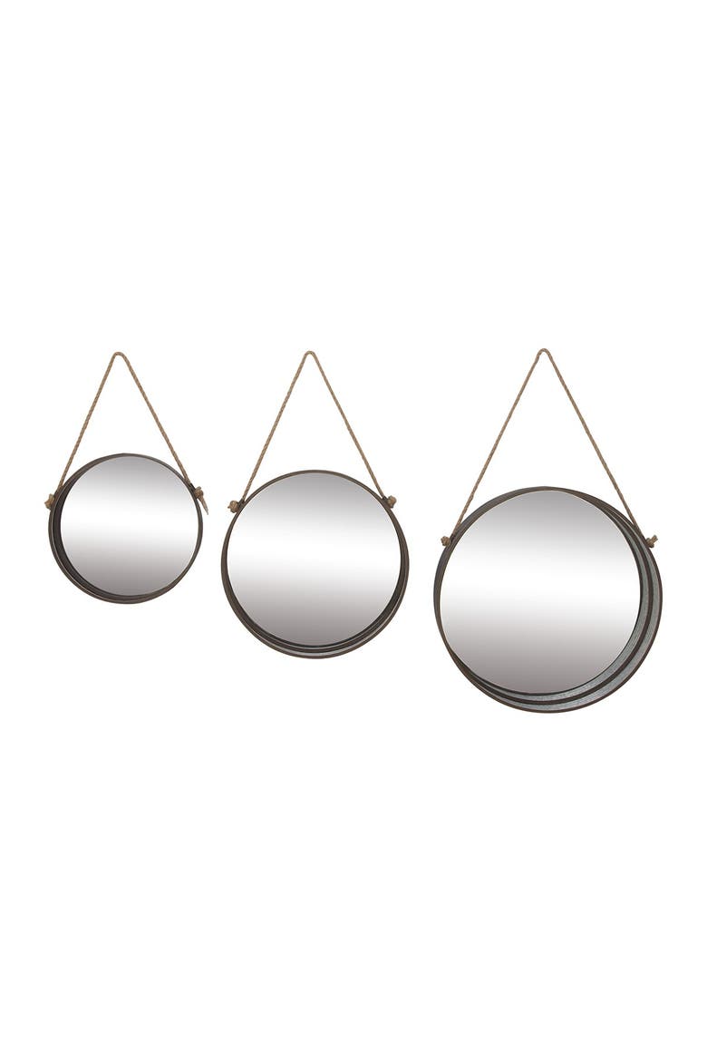 Gray Aluminum Wall Mirror with Hanging Rope - Set of 3, Main, color, GREY