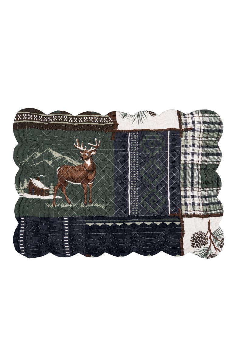 Greenstone Pines Scalloped Placemats Set of 6 Black Bear Moose, 13" x 19", Alternate, color, Green