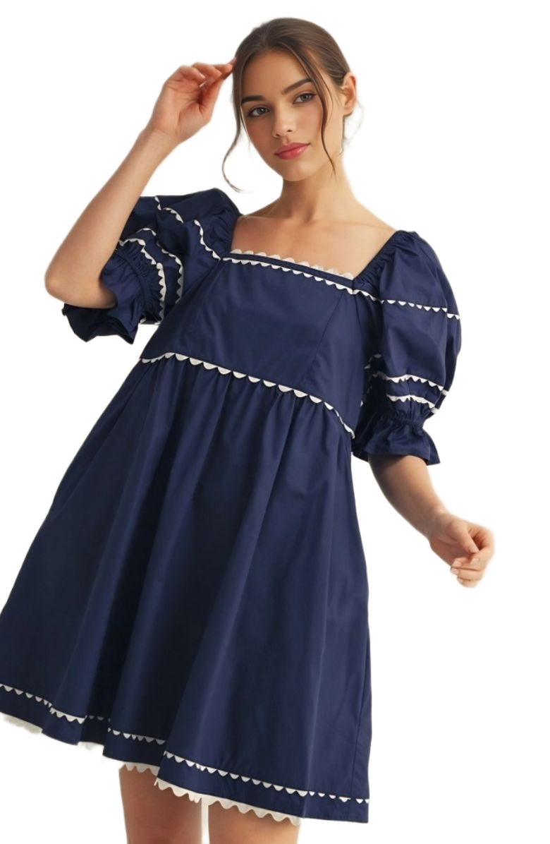 Knit and Lounge Puff-Sleeve Contrast Trim Mini Dress, Alternate, color,