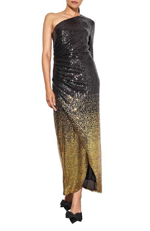 Ming Wang Ombré Sequin One-Shoulder Gown in Black/gold 