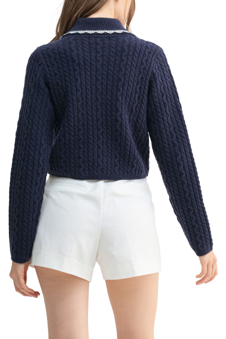 Lace Trim Collar Cable Stitch Cardigan, Alternate, color, NAVY WHITE