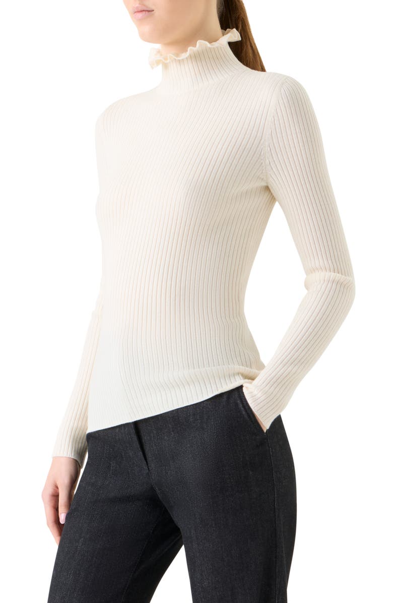 Akris punto Ruffle Mock Neck Rib Wool Sweater, Alternate, color, Cream