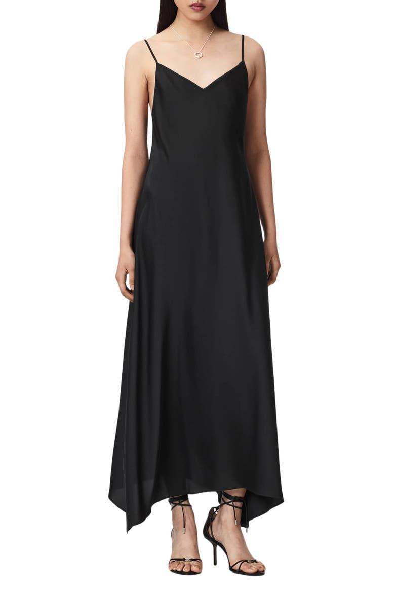 Leona Handkerchief Hem Maxi Slipdress, Main, color, BLACK