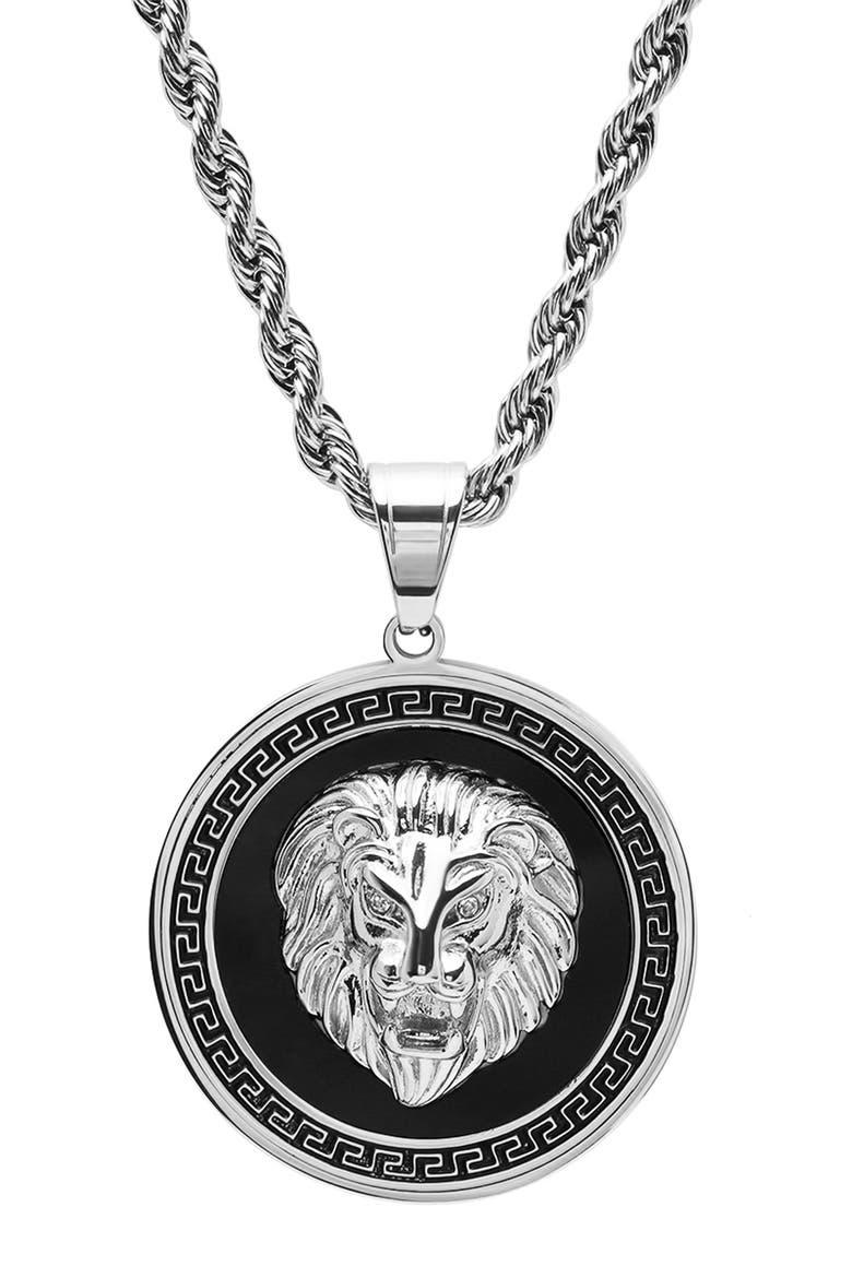 Men's Stainless Steel Lion Head Pendant Necklace, Main, color, SILVER/BLACK