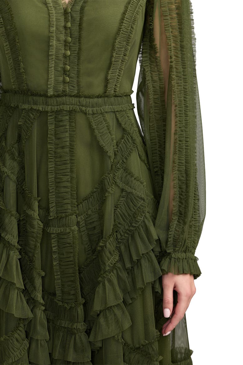 Long Sleeve V Neck Mesh Micro Ruffle Midi Dress, Alternate, color, Olive