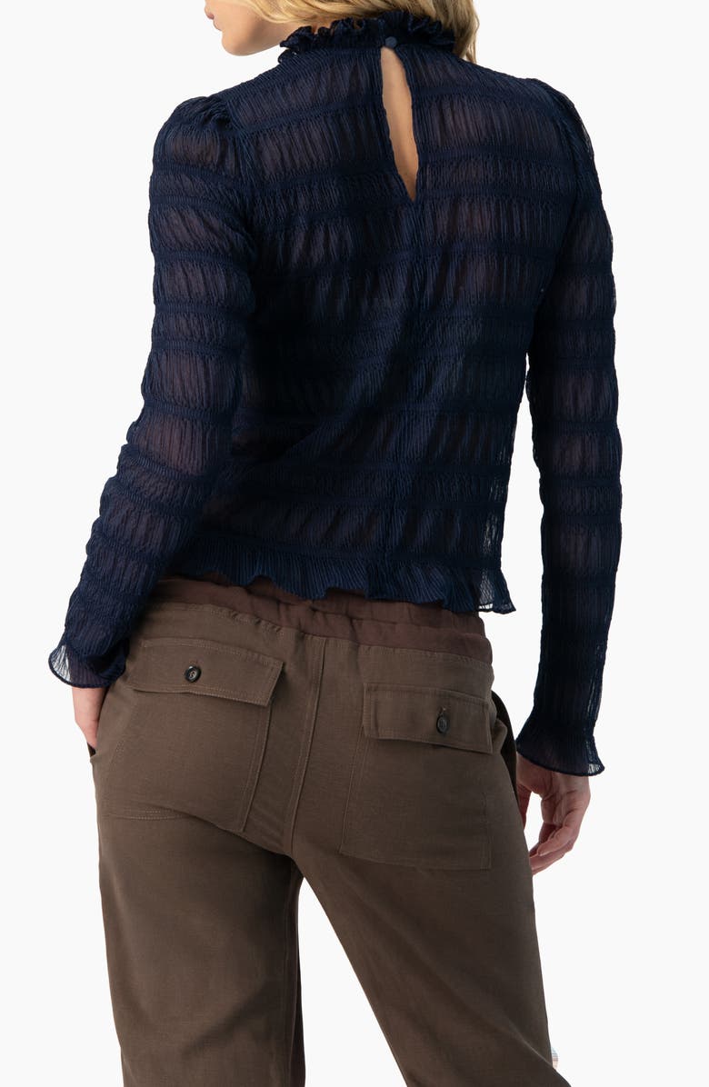 IVONNE See-Through Long Sleeve High Neck Blouse, Alternate, color, Navy Blue