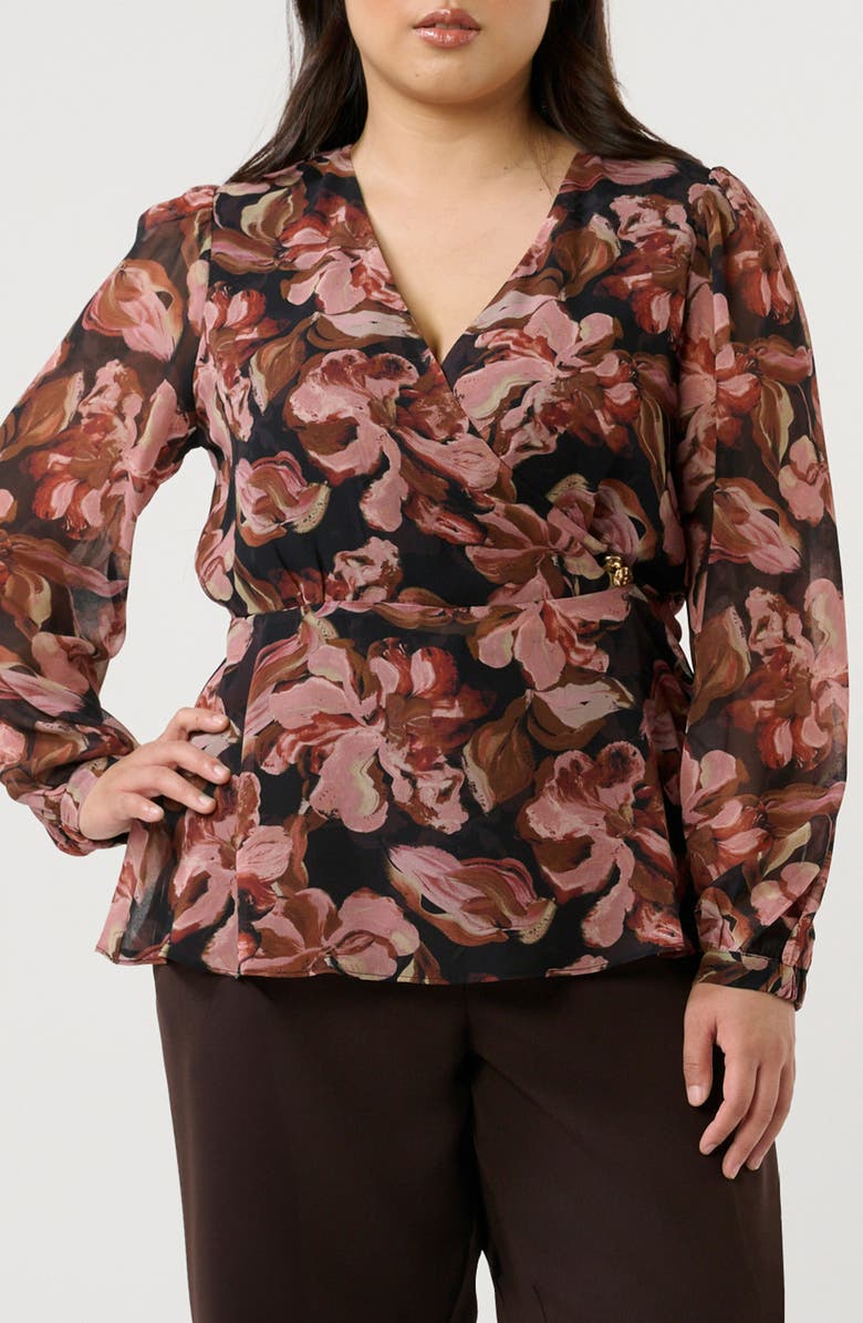 Estelle Natalia Floral Faux Wrap Top, Main, color, Chocolate/ Blush