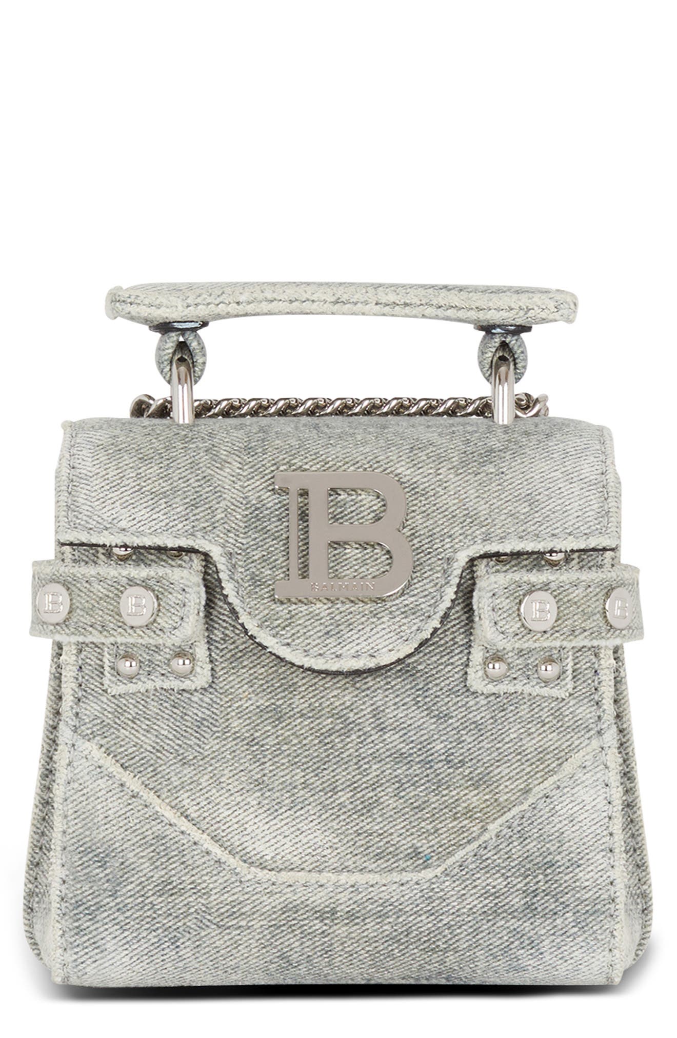 Balmain Mini B-Buzz Denim Crossbody, Main, color, 