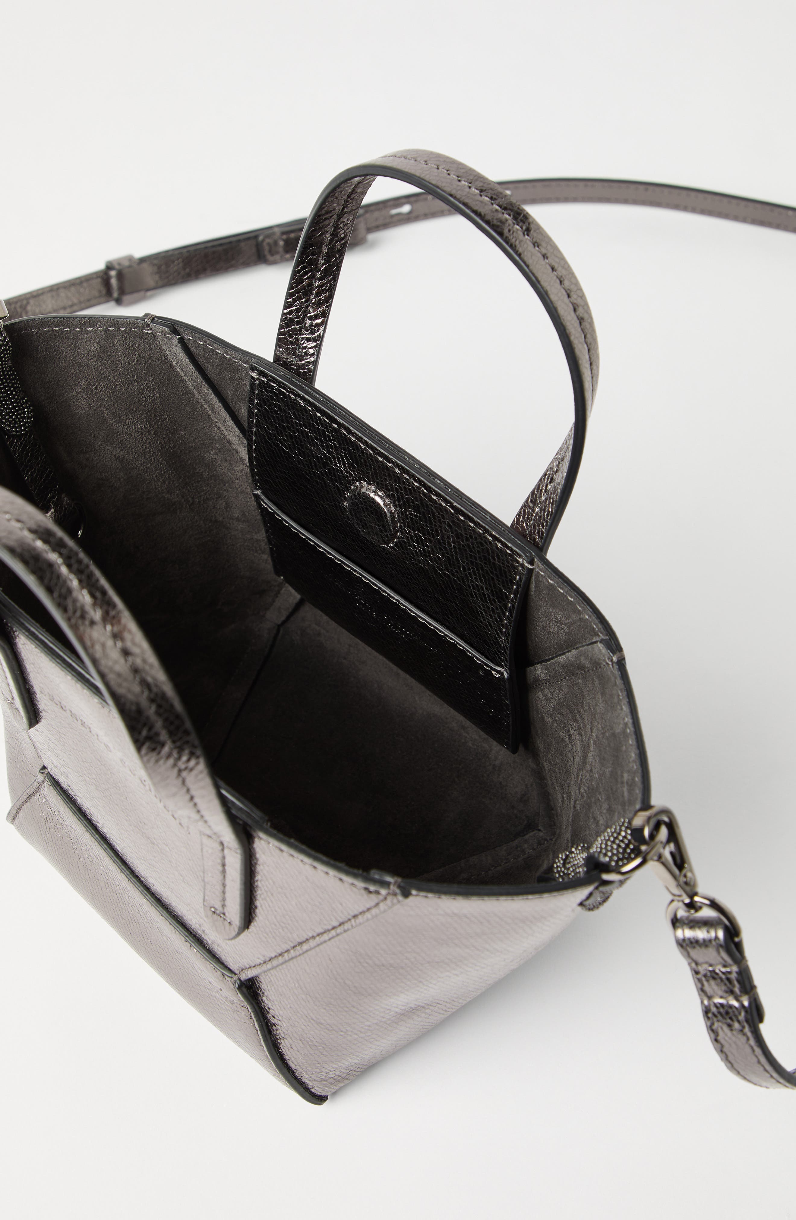 Brunello Cucinelli Lamé calfskin BC Duo mini bag, Alternate, color, Silver