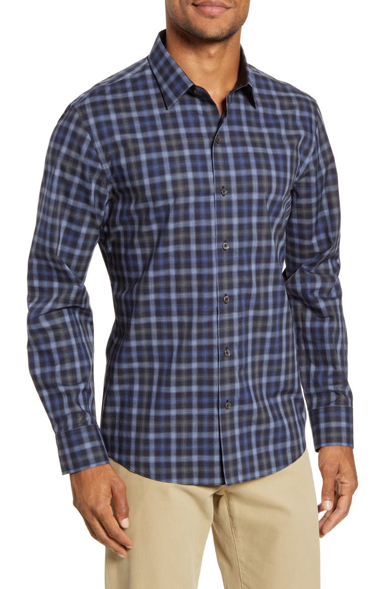 Ojeda Regular Fit Plaid Button-Up Shirt, Main, color, NAVY