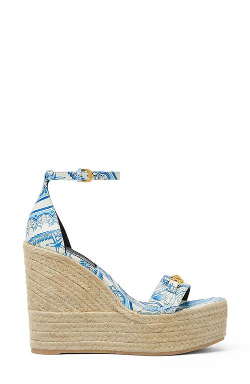 Versace Embellished Printed Leather Espadrille Wedge Sandals In Blue