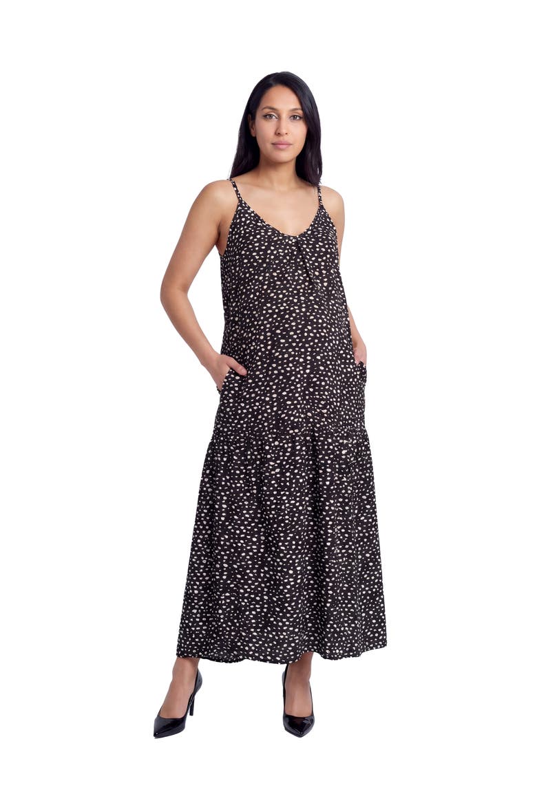 Maternity Essential Dots Print Scoop Neck Spaghetti Strap Pocket A-Line Maxi Dress, Main, color, Black Multi