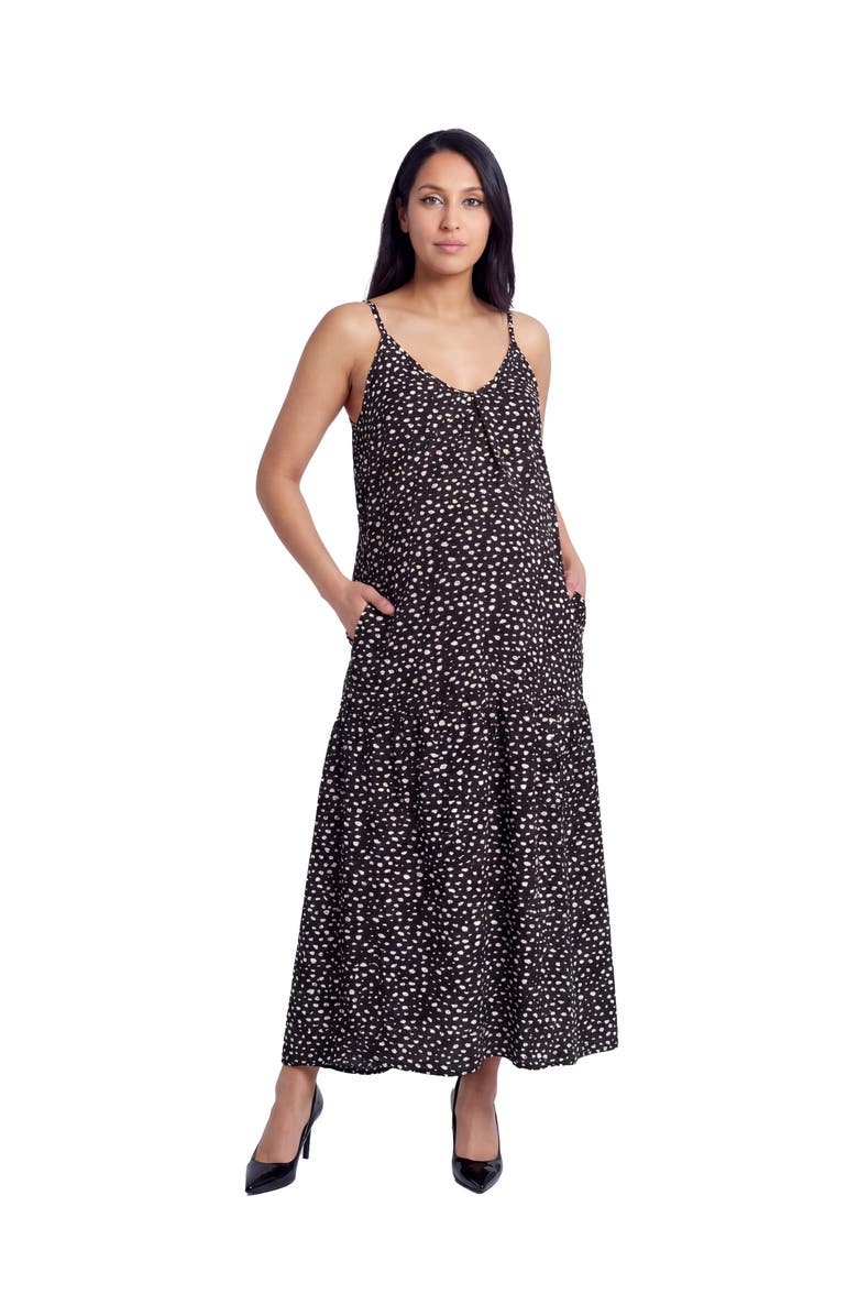 24seven Comfort Apparel Maternity Essential Dots Print Scoop Neck Spaghetti Strap Pocket A-Line Maxi Dress, Main, color, Black Multi