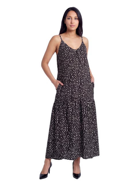 Maternity Essential Dots Print Scoop Neck Spaghetti Strap Pocket A-Line Maxi Dress
