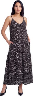 24seven Comfort Apparel Maternity Essential Dots Print Scoop Neck Spaghetti Strap Pocket A-Line Maxi Dress