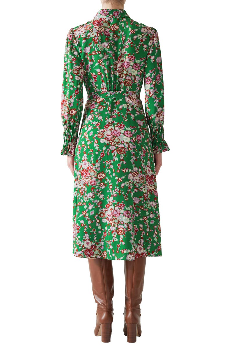 LK Bennett Rita Malachite Floral Print Tie Waist Long Sleeve Silk Shirtdress, Alternate, color,
