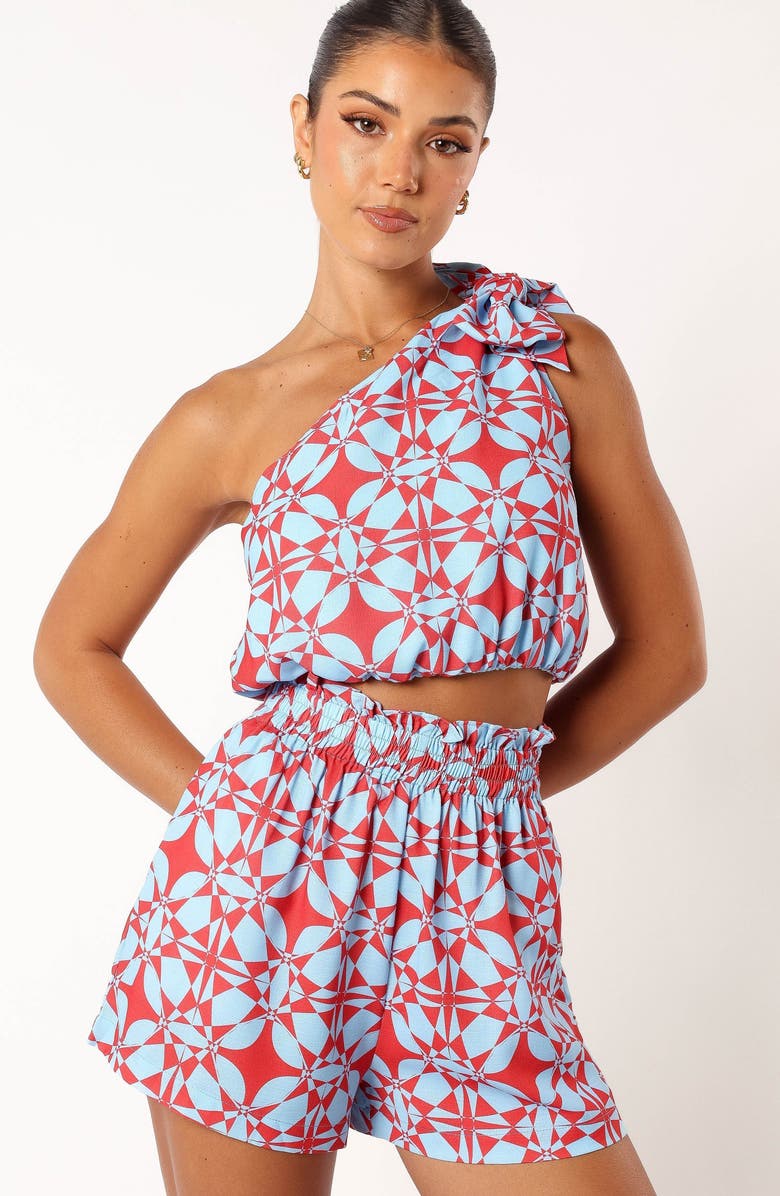 Petal & Pup Gretel One-Shoulder Crop Top & Shorts Set, Alternate, color, Blue Red