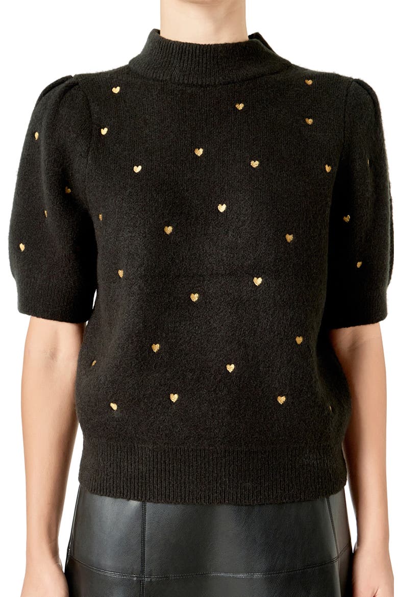 Heart Embroidered Puff Sleeve Sweater, Alternate, color, BLACK