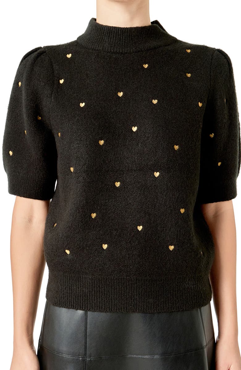 English Factory Heart Embroidered Puff Sleeve Sweater, Alternate, color, Black