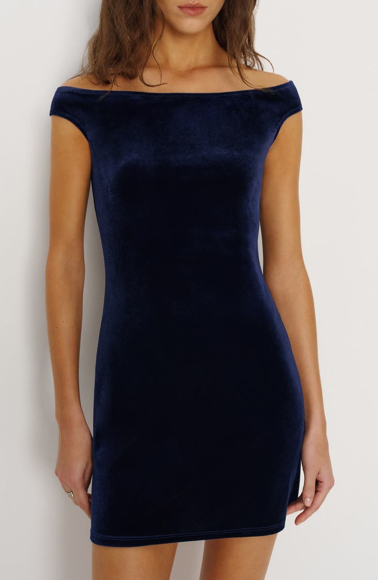Reformation Lia Off the Shoulder Velour Minidress, Alternate, color, Navy