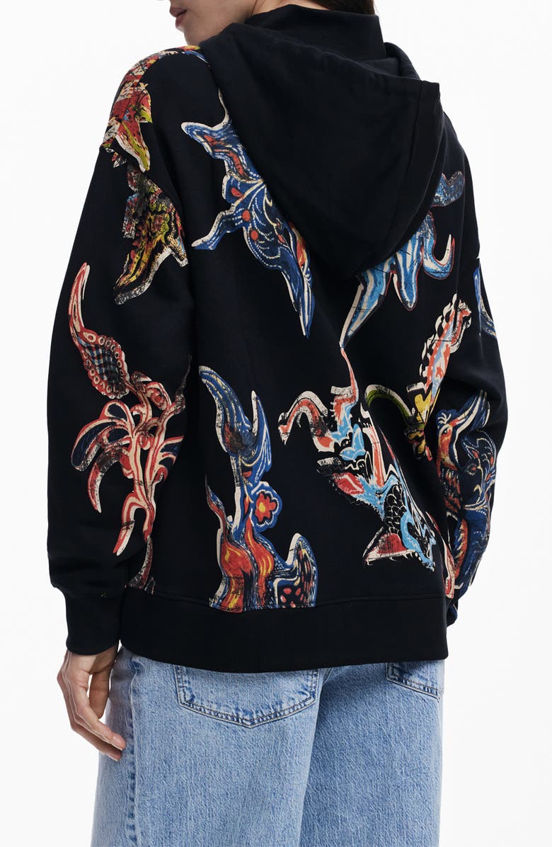 Desigual Graphic Print Cotton Hoodie, Alternate, color, Black
