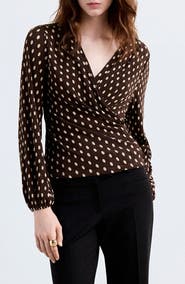 MANGO Dot Print Pleated Wrap Top