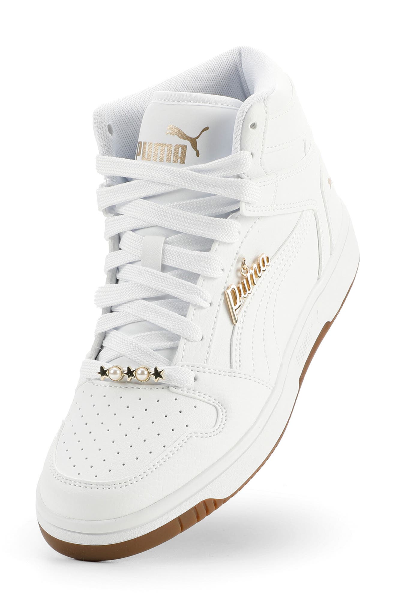 PUMA Rebound Layup Bling High Top Sneaker, Alternate, color, Puma White-Puma White- Gold