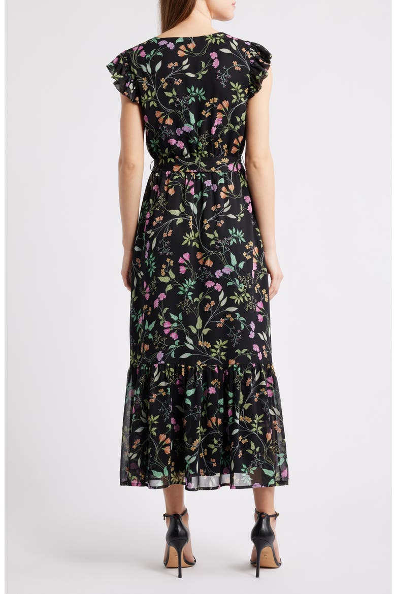 Floral Print Flutter Sleeve Maxi Dress, Alternate, color, BLACK MULTI